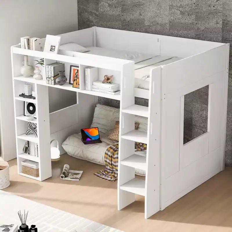 Whisen Queen Size Wooden Loft Bed Frame with Storage Cabinets and Shelves