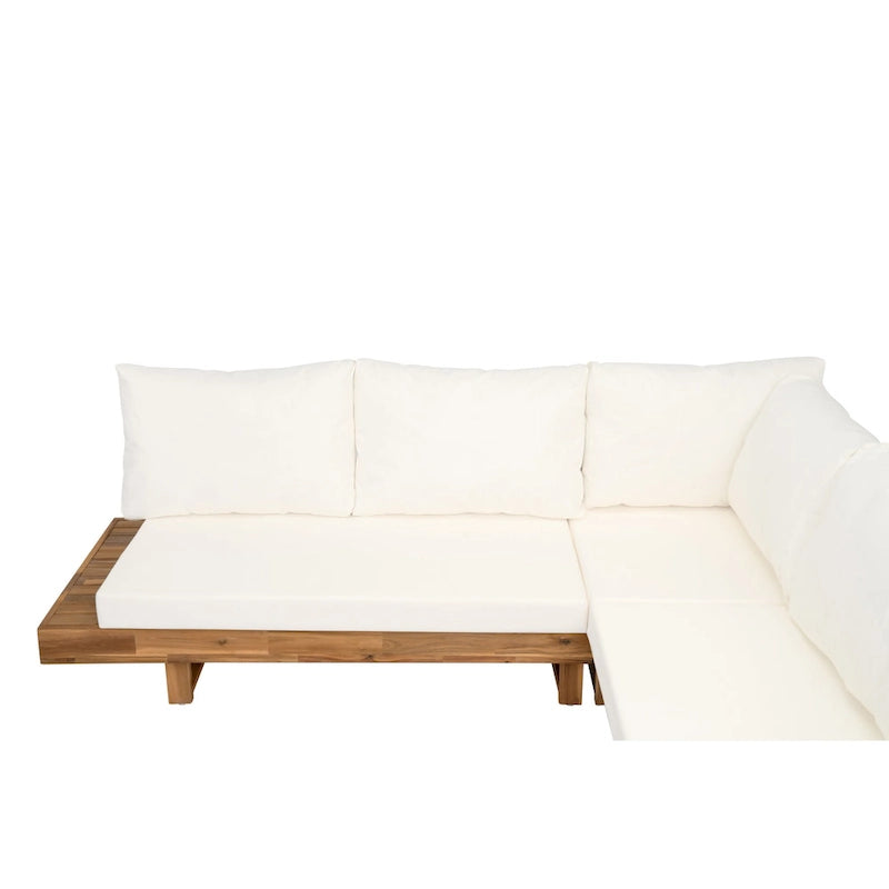 L-shape Sectional Sofa Set Patio Couch Set with Table, Wooden Lounge Chaise Sofa Outdoor 4-piece Conversation Sets