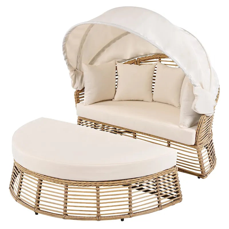 Outdoor Rattan Round Daybed with Canopy & Removable Cushions