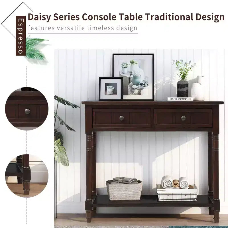 The Misty Moon Daisy Series Console Table Traditional Design with Two Drawers and Bottom Shelf (Espresso)