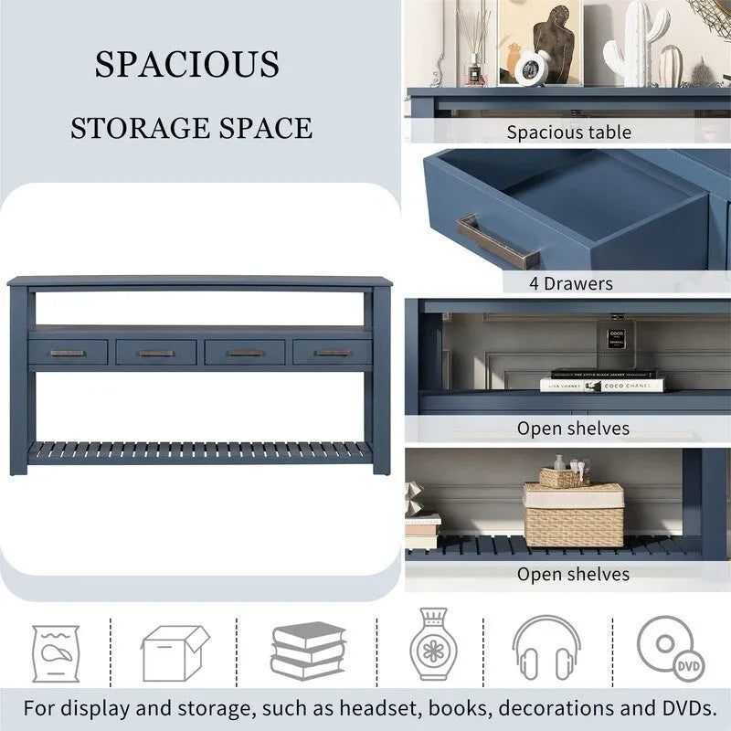 Long Entryway Console Sofa Table with Drawers, Farmhouse Wood Sofa Tables Console Table with 4 Drawers and 2 Shelves