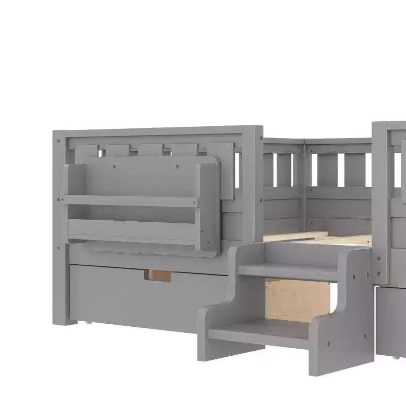 Bellemave Queen Size Toddler Bed with 14 Safety Guardrails, Space-saving Bed Frame with Built-in Bookshelves & 2 Under-Bed Storage Drawers