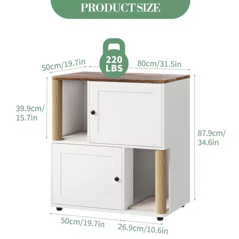 Litter Box Enclosure with Double Room, Hidden Enclosed Litterbox Furniture with Scratch Posts and Double-Layer Litter Mats Indoor Pet House