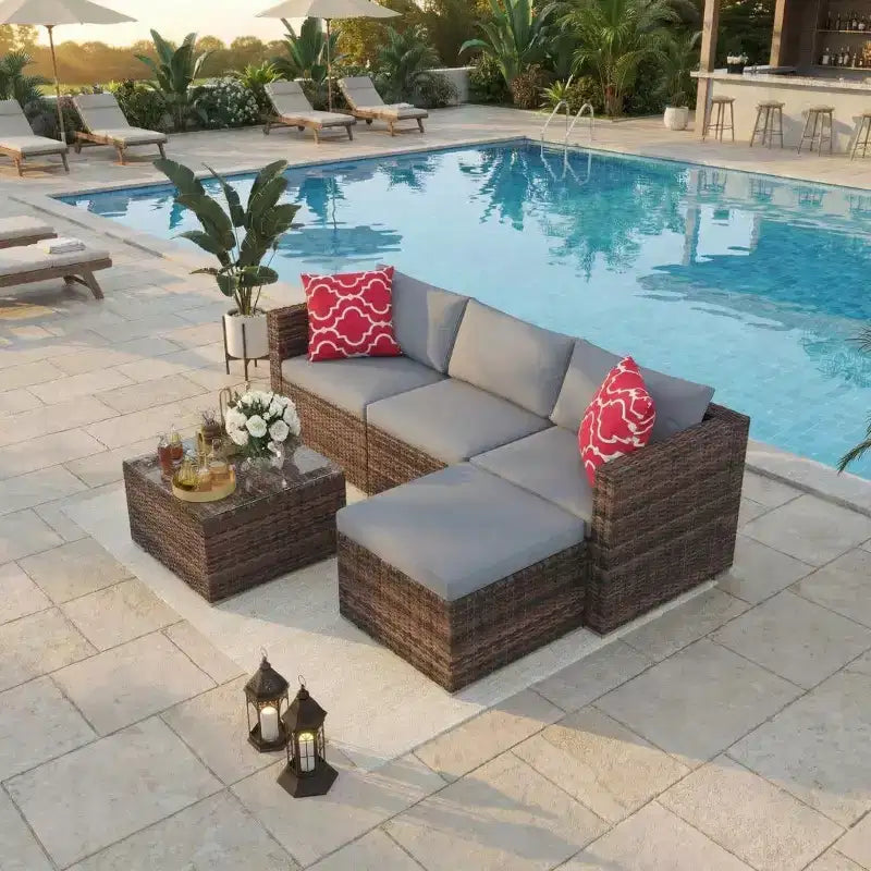 5 Pieces Patio Furniture Set, All-Weather Wicker Sectional Sofa With Anti-Slip Cushions, Rattan Outdoor Patio Furniture Sofa Set With Ottoman