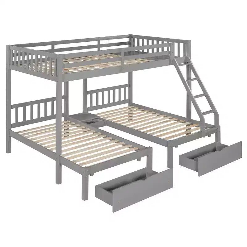 Full Over Twin & Twin Bunk Bed for 3, Wooden Triple Bunk Bed with 2 Storage Drawers, can be Divided into 3 Separate Beds