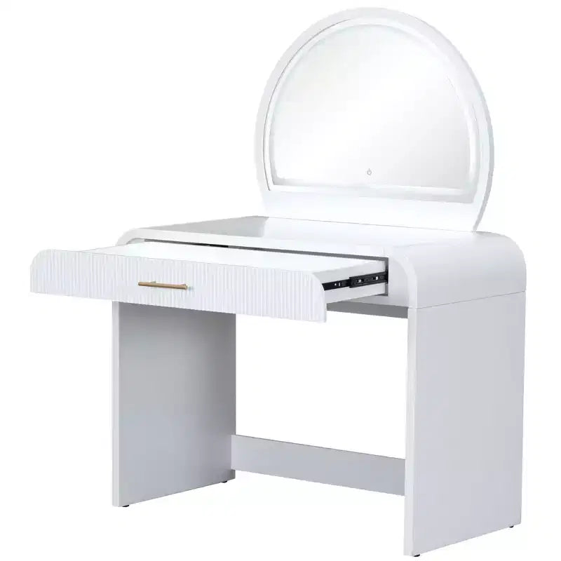 Makeup Vanity Table with Large Mirror and Touch Screen, Vanity Desk with Large Drawer and Arched Corner, Dressing Table for Bedroom