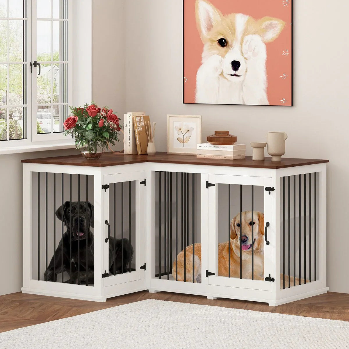 Large Corner Dog Crate Furniture for 2 Dogs, L Shape Dog Crate Cage - 58.7X41.1
