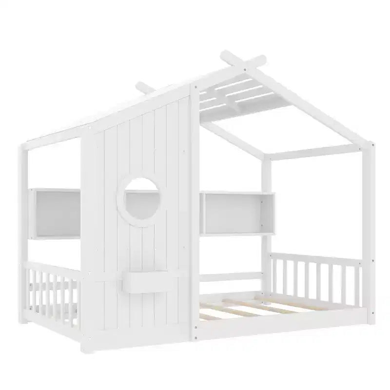 Twin Size Floor House Bed, Kids Montessori Playhouse Bed with Storage Shelf and Roof Design