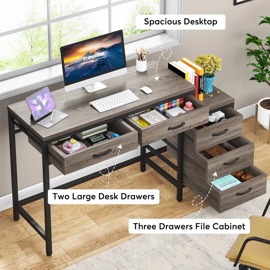 Reversible Computer Desk with 5 Drawers, Home Office Desk with File Cabinet Drawer Printer Stand