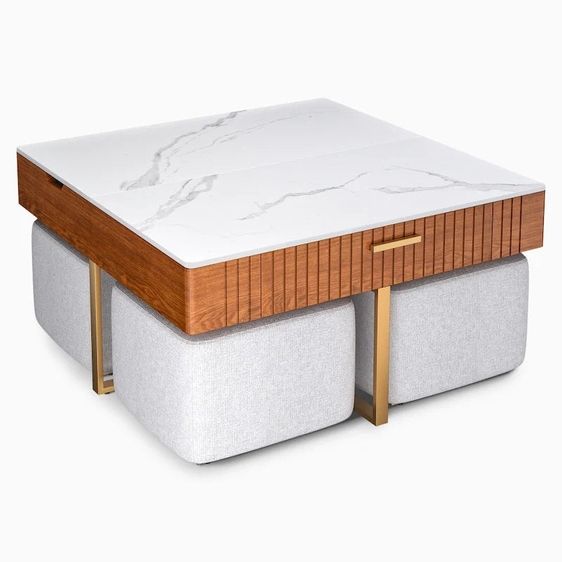 Lift Top Coffee Table with Hidden Storage and 4 Ottomans