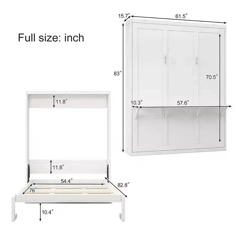 Whisen Full Size Murphy Bed Frame & 61.5 Cabinet Bed Folding Wall Bed with Desk Combo