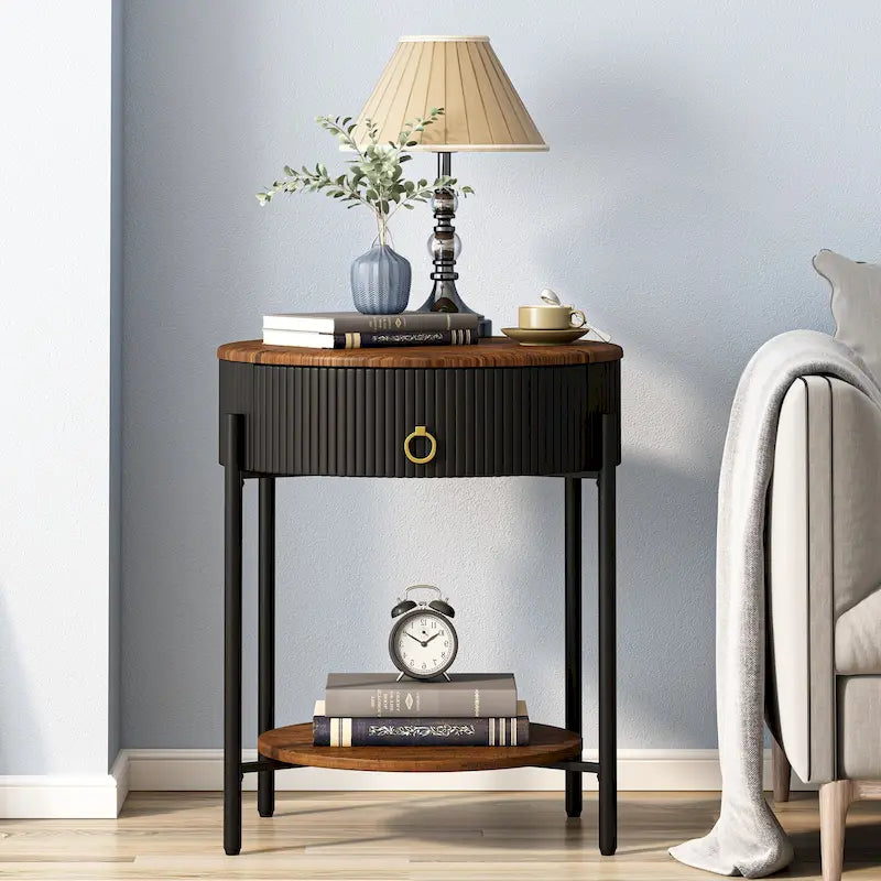 Myhozm Modern End Table with Storage Drawer, Round Nightstand with Metal Legs for Living Room, Bedroom, Office
