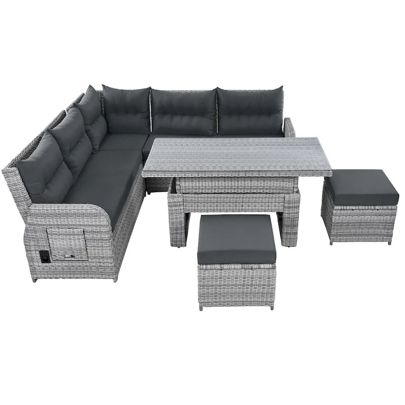 Outdoor Rattan Sectional Sofa Set with Adjustable Table & Recliners