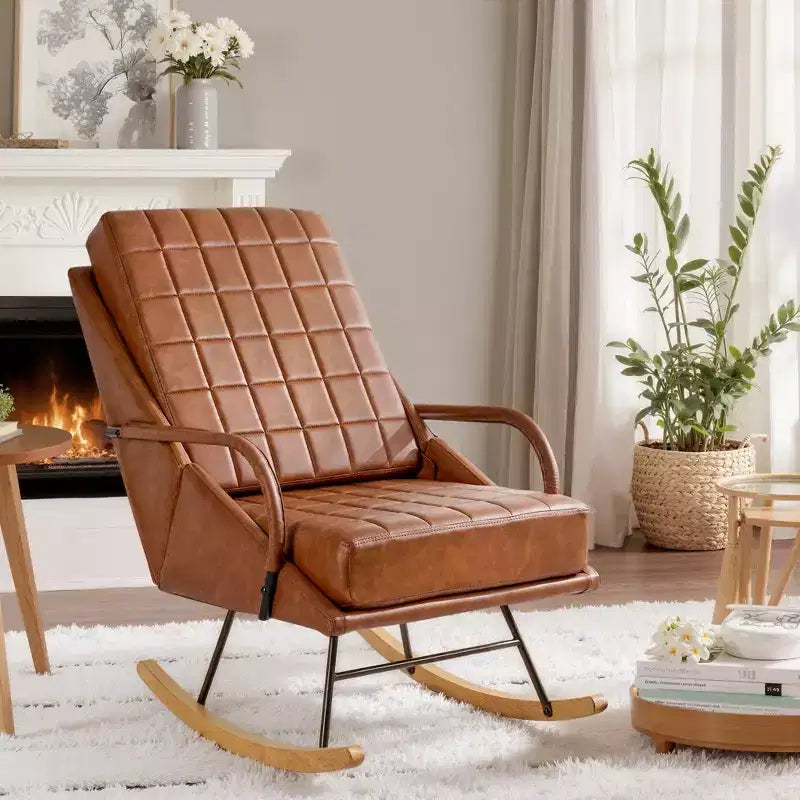 VECELO Upholstered Faux Leather/Teddy Fabric Rocking Chair Modern Lounge Rocker Recliner with Padded Seat, Safe Solid Wood Base White/Brown