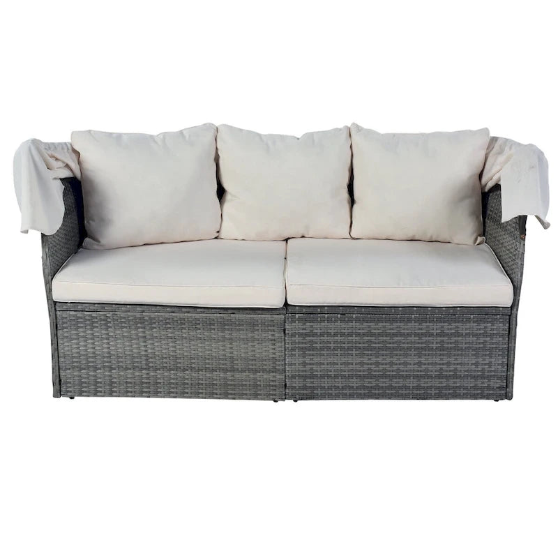 Outdoor Gray Wicker Daybed with Cushions and Retractable Canopy