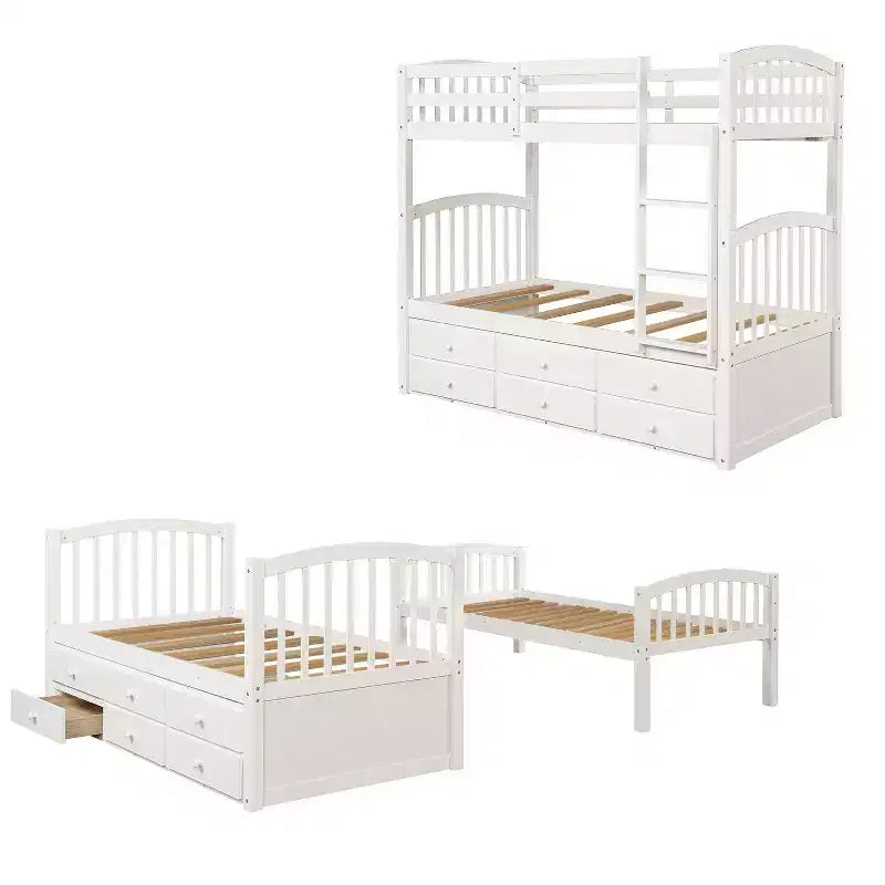 Twin Bunk Bed with Ladder, Safety Rail, Twin Trundle Bed with 3 Drawers for Teens Bedroom, Guest Room Furniture