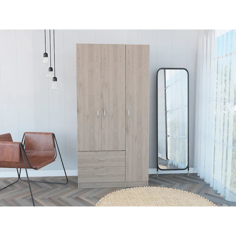 FM Furniture Eureka 3 Door Armoire with 2 Drawers, Inner Shelves, and Rod
