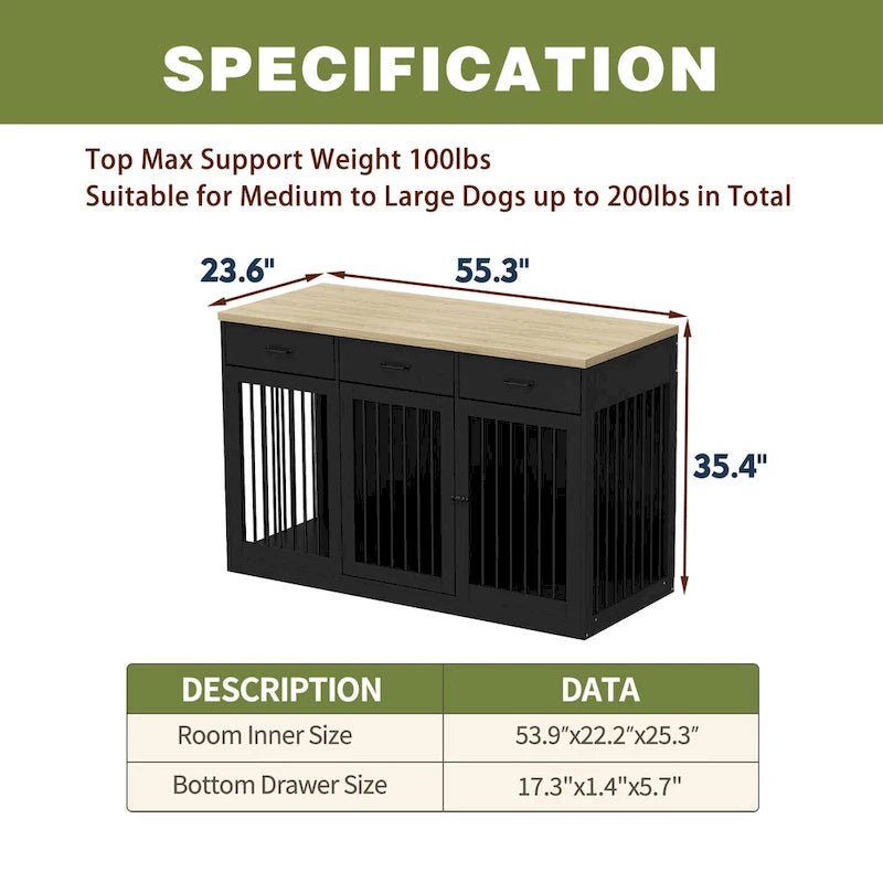 Modern Large Dog Crate with Storage Drawers - Elegant Espresso Finish