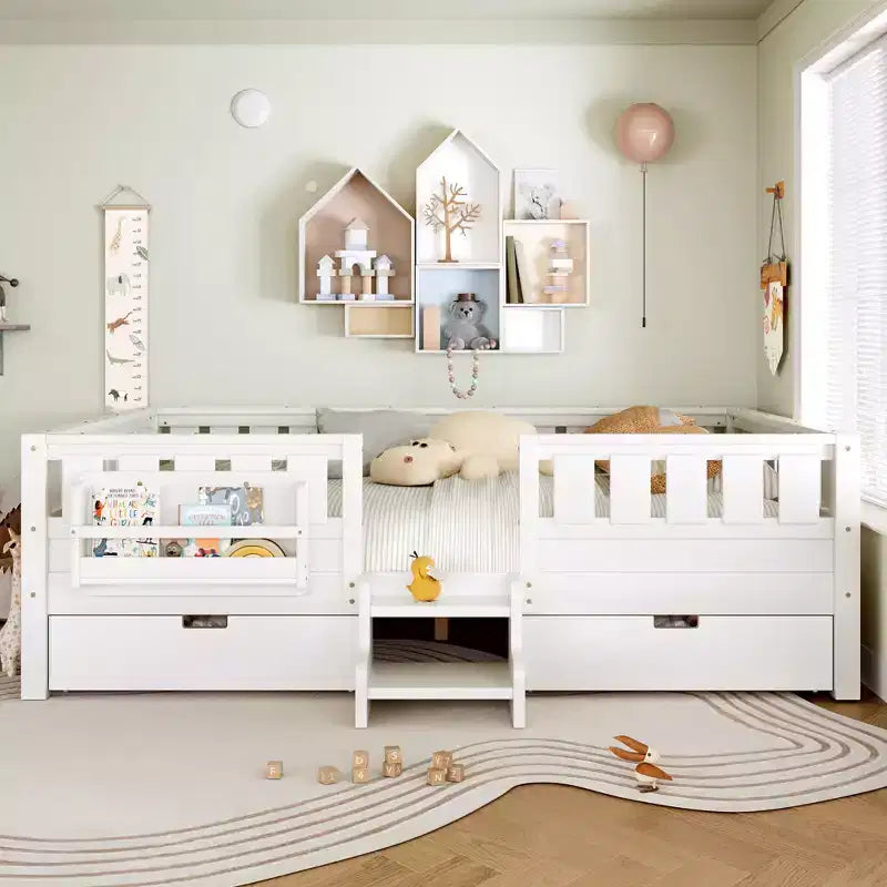 Bellemave Queen Size Toddler Bed with 14 Safety Guardrails, Space-saving Bed Frame with Built-in Bookshelves & 2 Under-Bed Storage Drawers