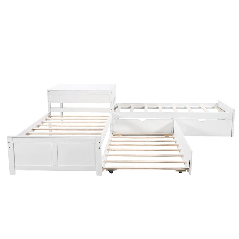 White Modern Twin Size L-shaped Platform Bed with Trundle and Drawers for Bedroom