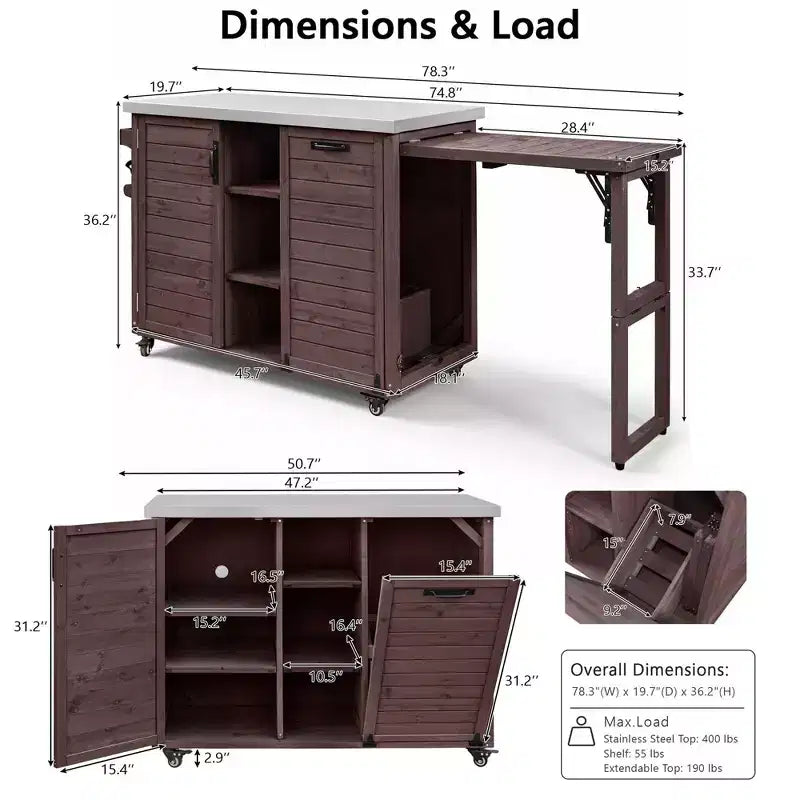 Outdoor Kitchen Island with Foldable Side Table,Outdoor Grill Cart with Stainless Steel Top,Hidden Trash Cabinet for Lawn & Garden