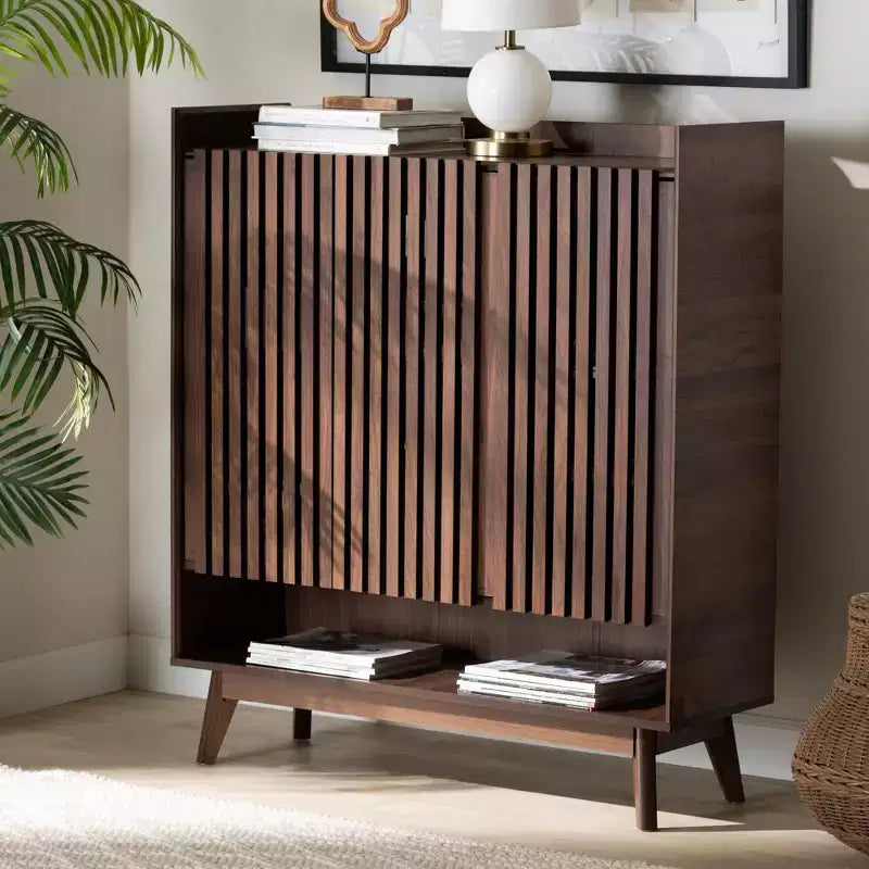 Delaire Mid-Century Modern Walnut Brown Finished Wood Shoe Cabinet
