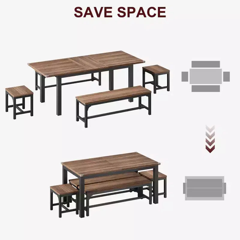 5 Pieces Dining Table Set for 4-6, 63 Large Extendable Dining Room Table with Benches and Stools