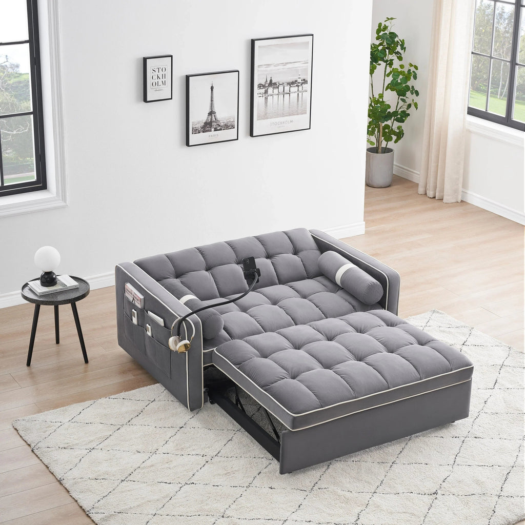 Velvet Convertible 55 2-Seater Sleeper Sofa with Pull-Out Bed, Adjustable Recline, Side Pockets, and Phone Holder