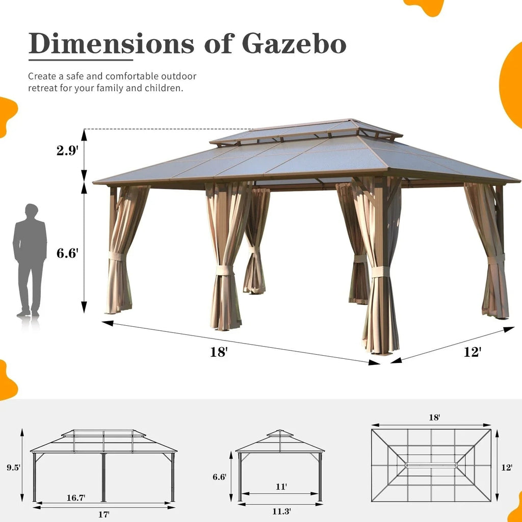 EROMMY Hardtop Gazebo,Outdoor Pergola with Double Roof & Netting & Curtains,Heavy Duty Canopy for Patio, Backyard, Pool party