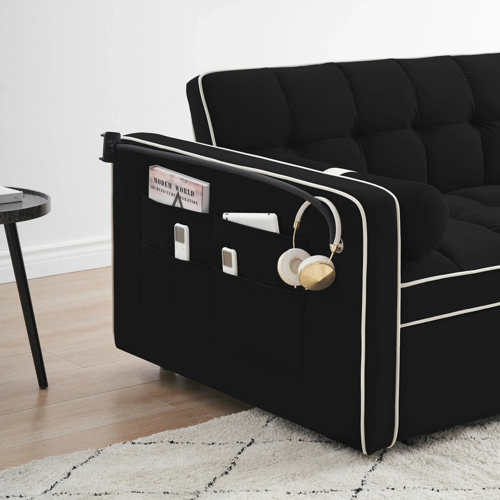 Velvet Convertible 55 2-Seater Sleeper Sofa with Pull-Out Bed, Adjustable Recline, Side Pockets, and Phone Holder