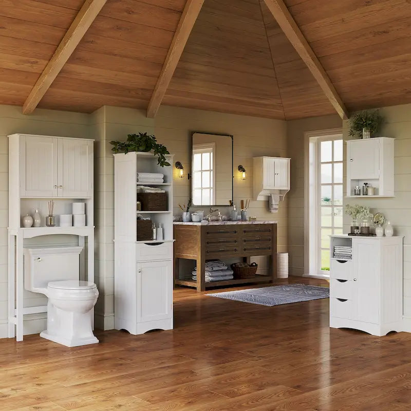 RiverRidge Ashland Single Door Bathroom and Laundry Storage Cabinet with 3 Drawers, Open and Adjustable Shelf