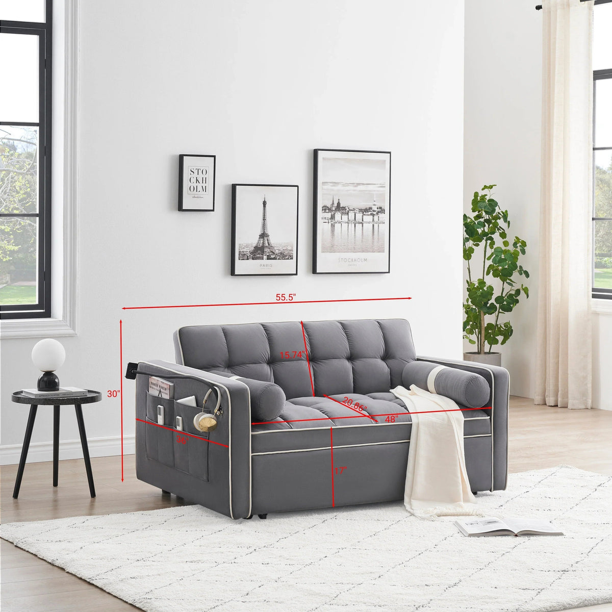 Velvet Convertible 55 2-Seater Sleeper Sofa with Pull-Out Bed, Adjustable Recline, Side Pockets, and Phone Holder