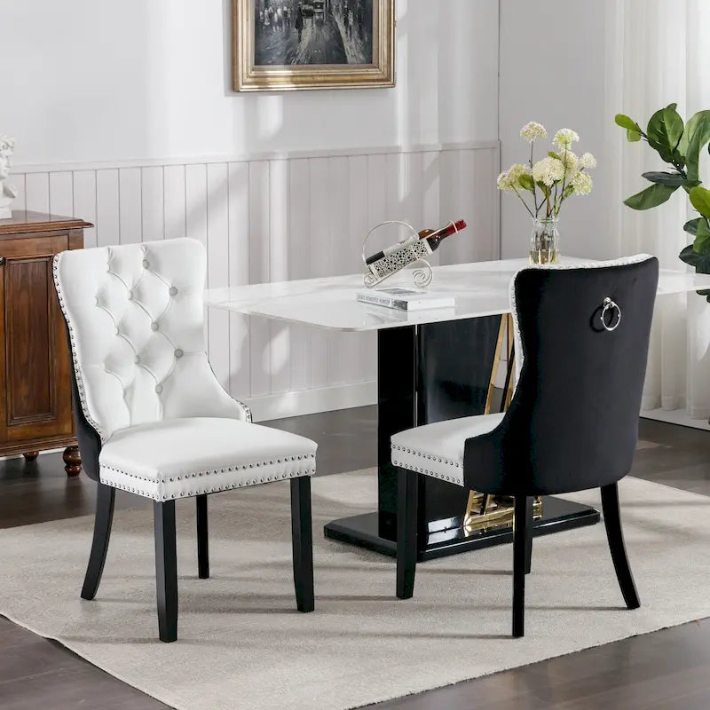 High Back Dining Chairs Set of 2, Upholstered PU Leather Kitchen Chairs Side Chair with Rear Handle Wood Legs