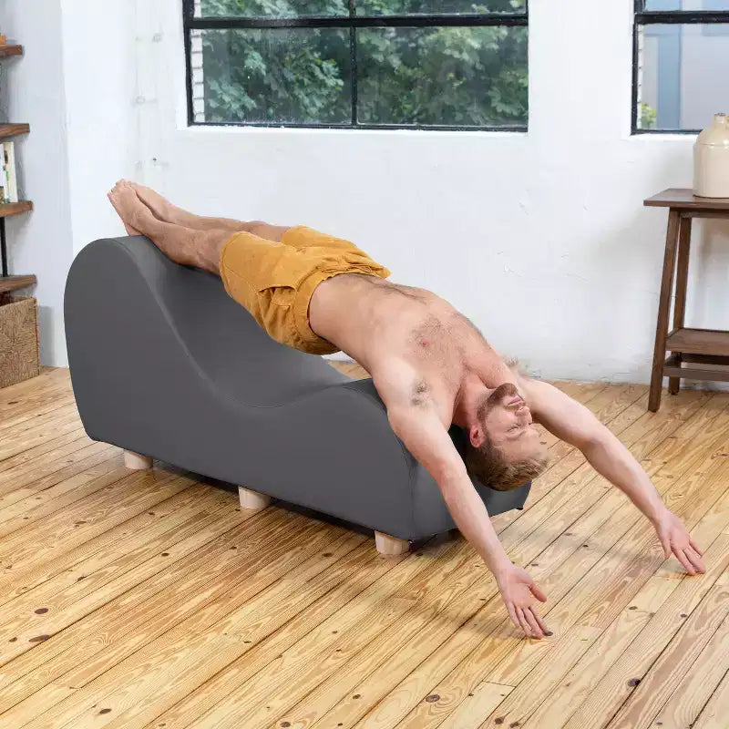 Avana Chaise Lounge Chair for Stretching and Relaxation, Hevea Wood Feet, Faux Leather - Submarine Grey