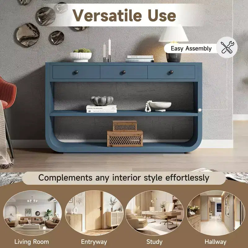 ModernLuxe Curved Console Table Entryway Table Sofa Side Table Display Stand Accent Table with 3 Soft-Close Drawers & 2 Open Shelves