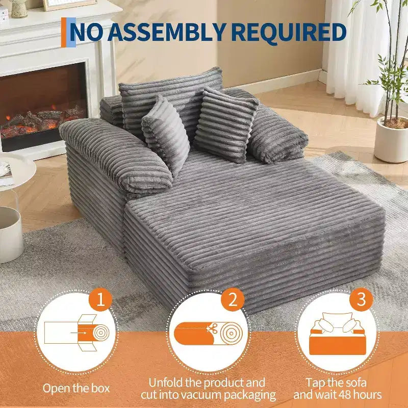 Oversized Chaise Lounge Chair Sofa Bed, Corduroy Sleeper Sofa with Pillows and Wide Armrests for Living Room, Bedroom, Movie Room
