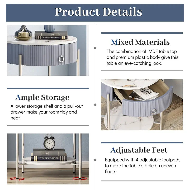 Myhozm Modern End Table with Storage Drawer, Round Nightstand with Metal Legs for Living Room, Bedroom, Office