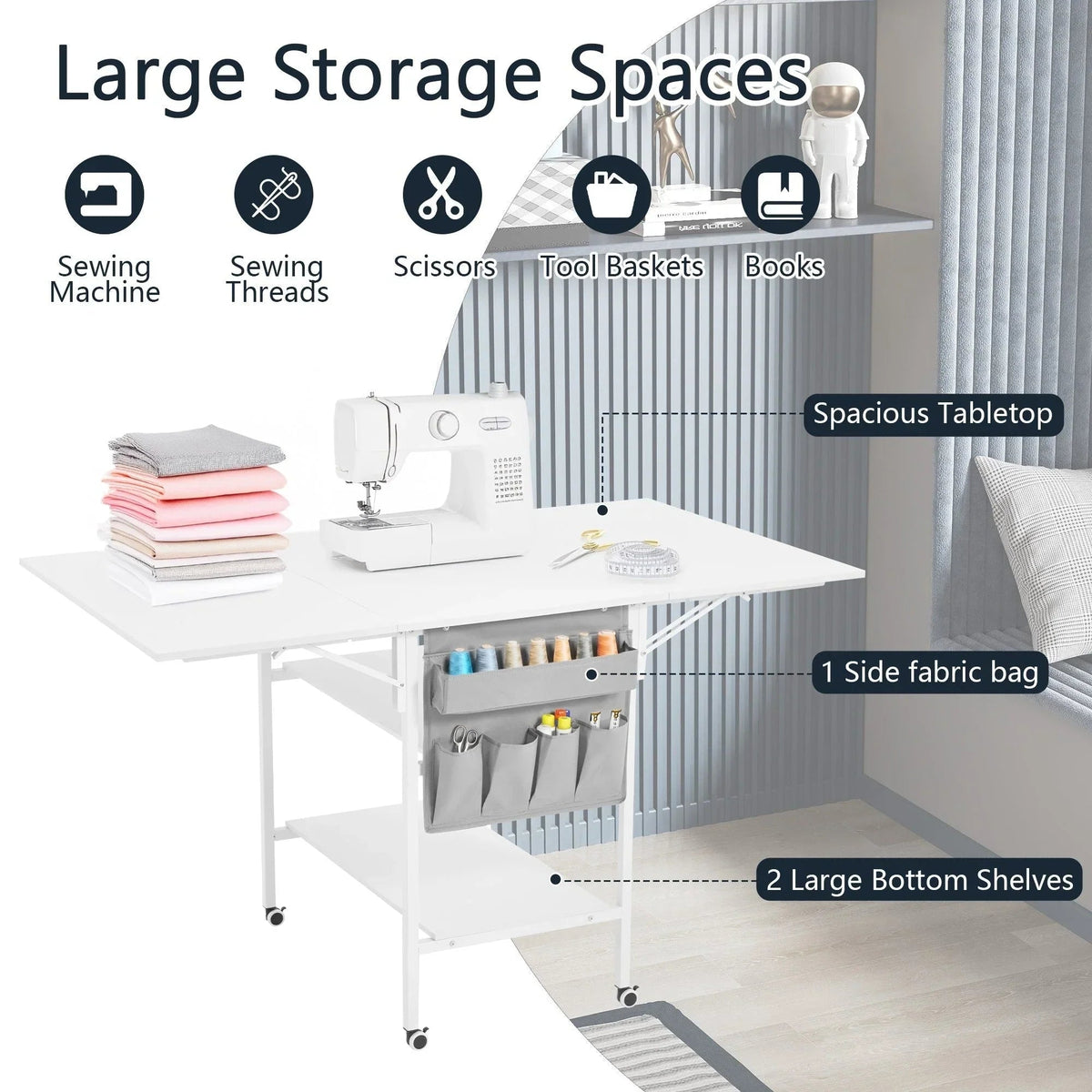 Height Adjustable Craft Table with Storage Shelves, Mobile Folding Cutting Table for Home Office Sewing Room Craft Room