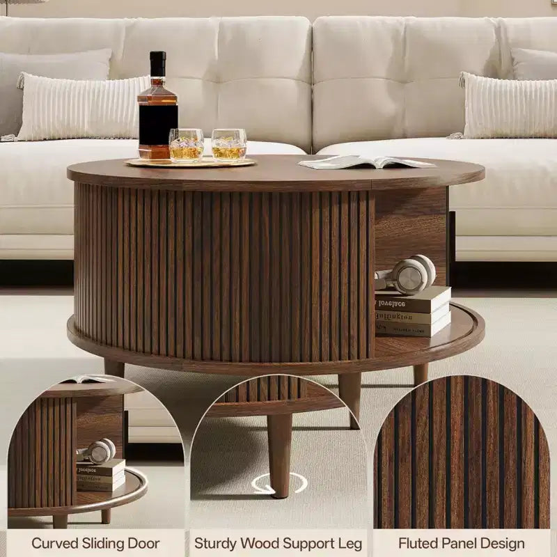 NAYSAYE Round Coffee Table with Storage, 31.5 Fluted Center Table for Living Room, Modern Walnut Wood Circle End Table for Small Space