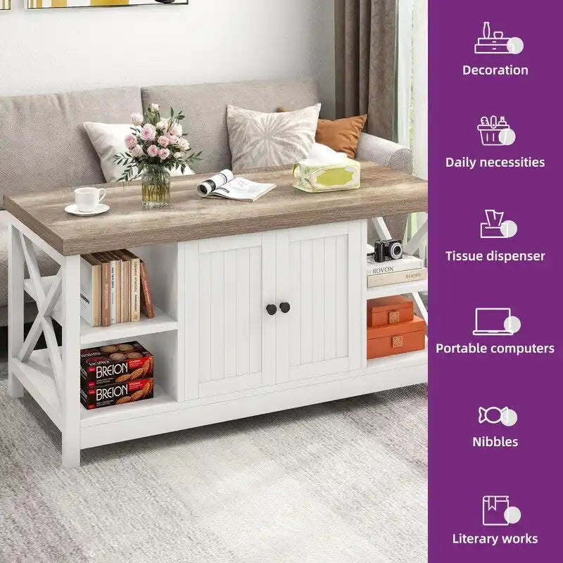 Farmhouse Wood Accent Coffee Table with Large Storage Shelf