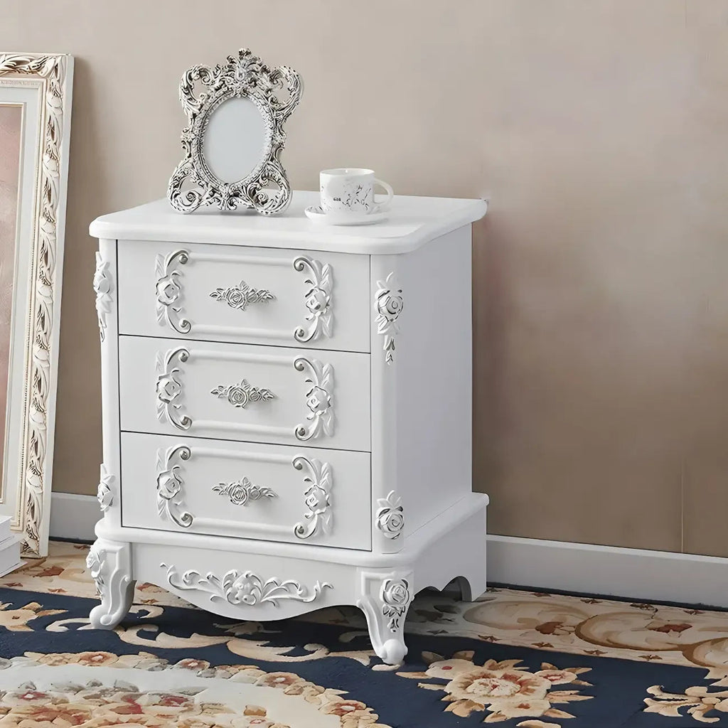 Traditional White Wood Carved 3-Drawer Nightstand