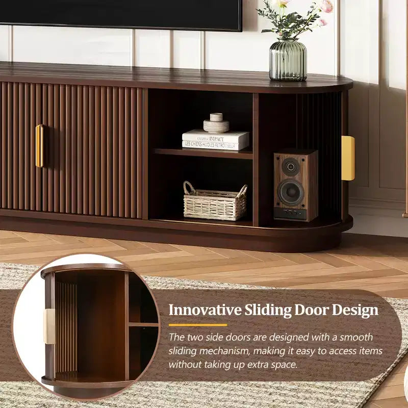 GDFStudio Roy Farmhouse Wooden TV Stand with Sliding Tambour Door and Adjustable Storage