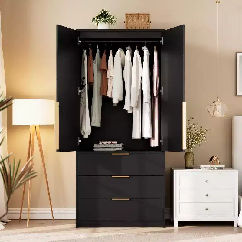 2-Door Wardrobe Cabinet with 3 Drawers & Hanging Rod