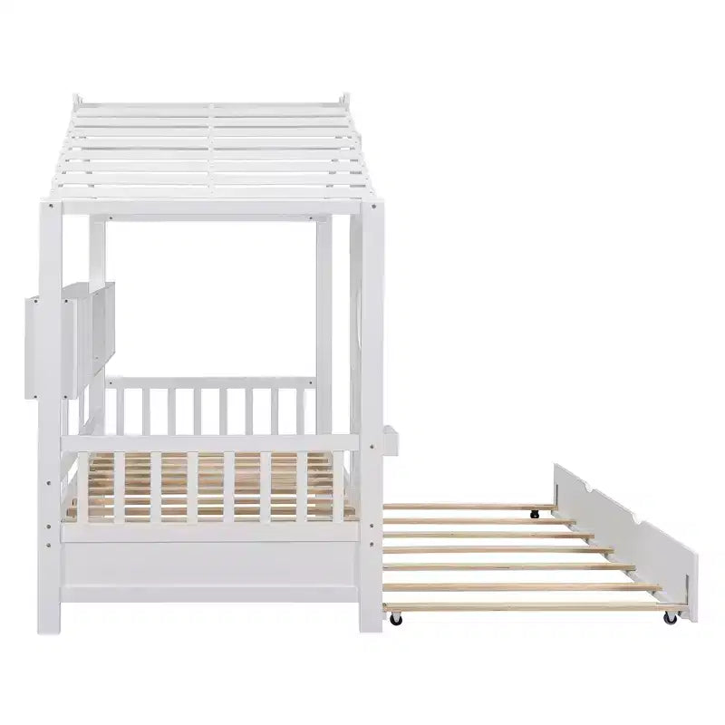 Twin Size House Bed with Trundle and Storage Shelf for Kids, White