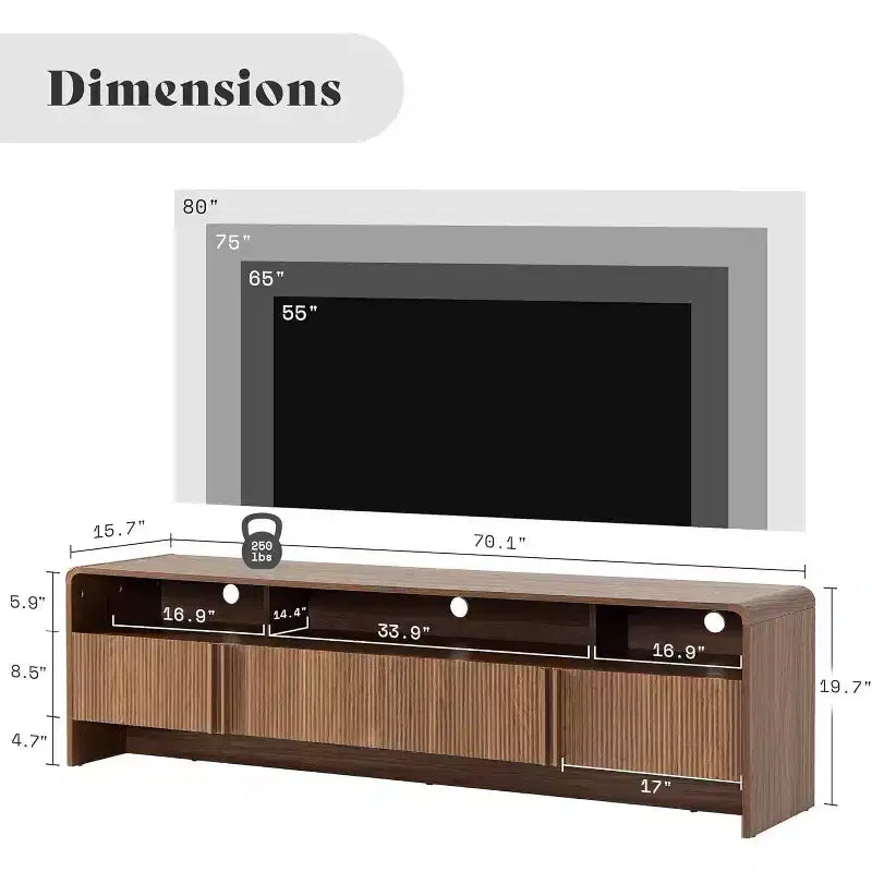 AMERLIFE 70 Modern TV Stand with Fluted Design & Storage Cabinets, for TVs up to 80, Wood Entertainment Center Media Console for Living Room