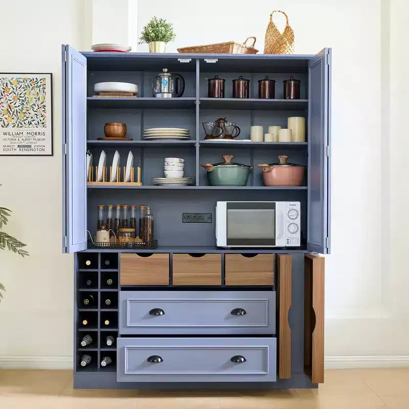 Whisen 71 Tall Freestanding Kitchen Pantry, Large Dining Storage Cabinet Cupboard Sideboards With 4 Foldable Doors, Shelves, Wine Racks