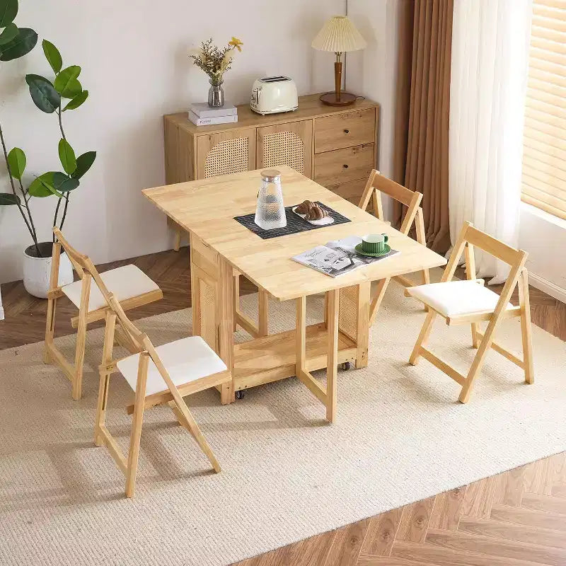 VINGLI Folding Dining Table Set, Extendable Drop Leaf Solid Wood Table with 4 Chairs,rawers & Wheels, Space-Saving for Kitchen