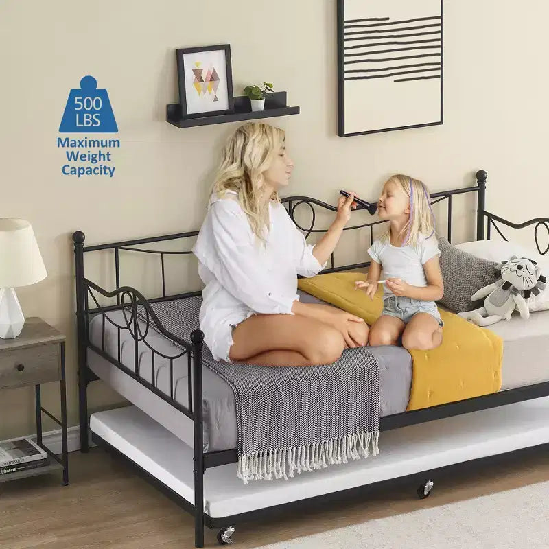 Twin Day Bed with Trundle Bed Twin, Metal Daybed with Trundle, Daybed with Trundle Bed Frame, Steel Slat Support Sofa Bed for Kids Teens Adults