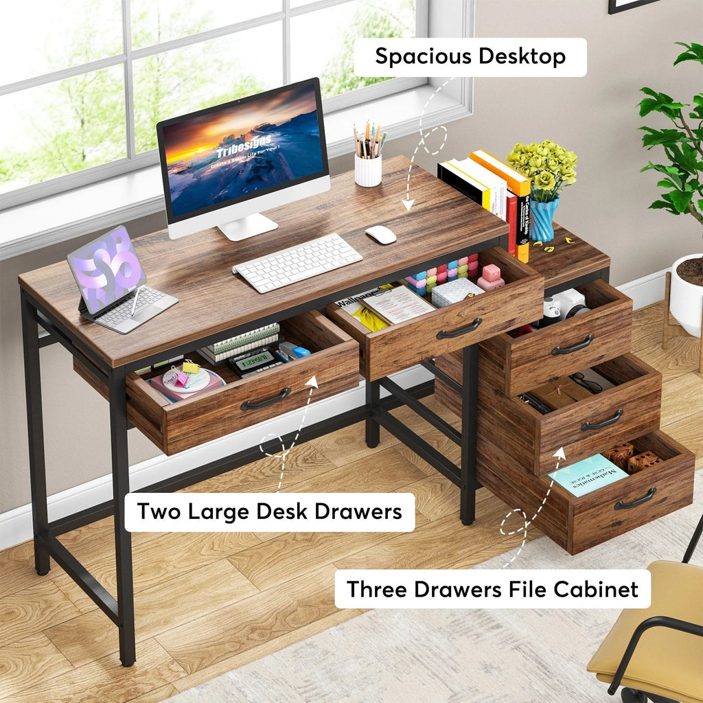 Reversible Computer Desk with 5 Drawers, Home Office Desk with File Cabinet Drawer Printer Stand