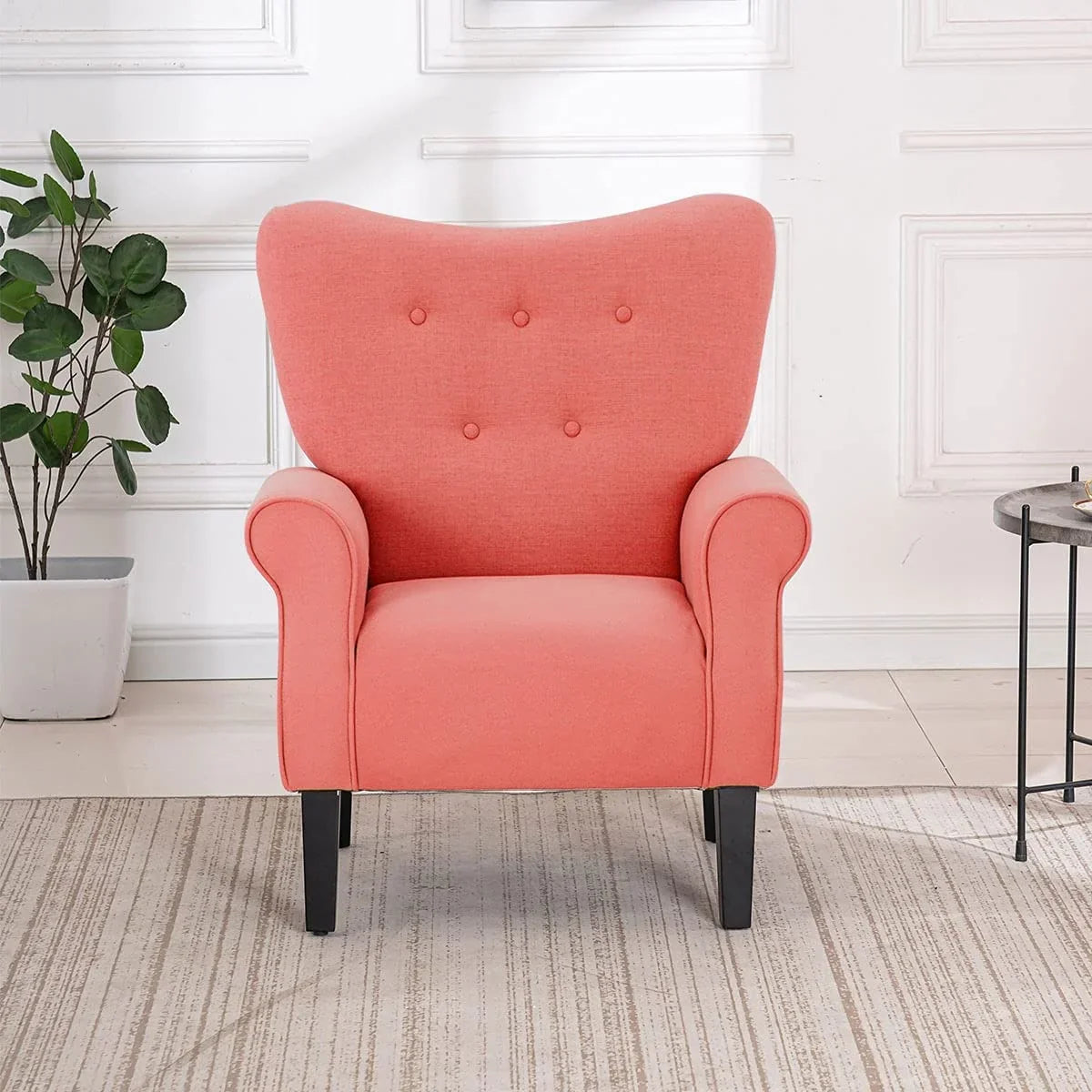 Erommy Modern Accent Chair, High Back Armchair, Upholstered Fabric Button Single Sofa with Wooden Legs for Living Room